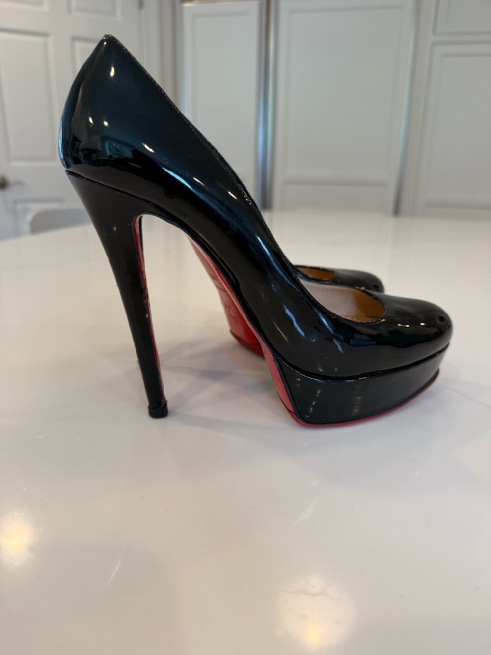 Christian Louboutin Black Patent Platform Stiletto- red sole protector applied